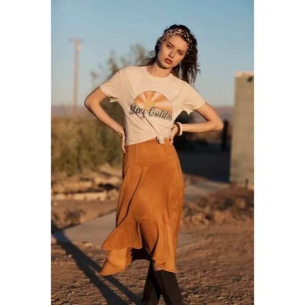 Maeve Cosima Flounced Hem Faux Suede Midi Skirt‎ Sz 6 Gold/Orange